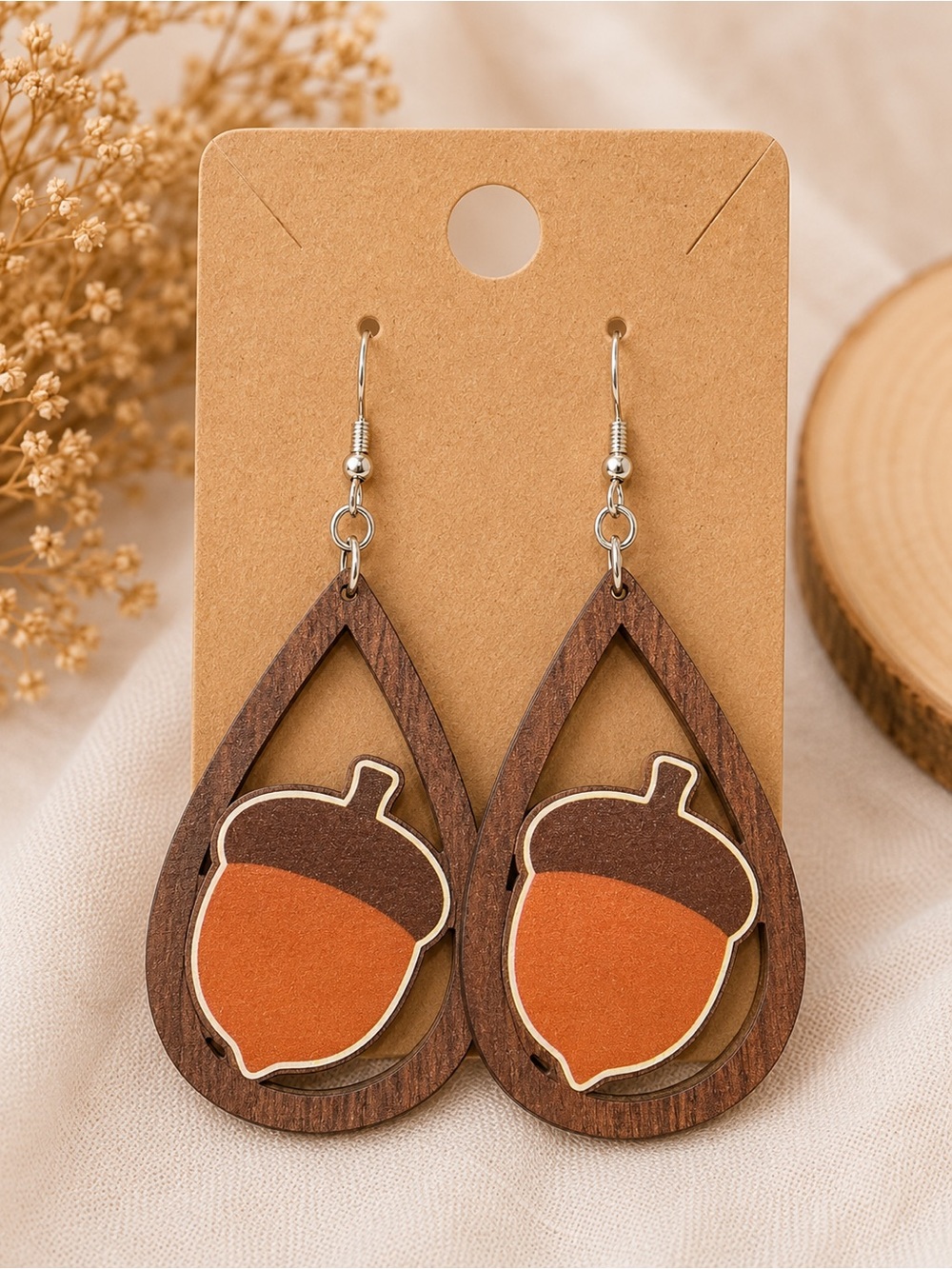 Wood Teardrop Acorn Earrings in Brown & Orange